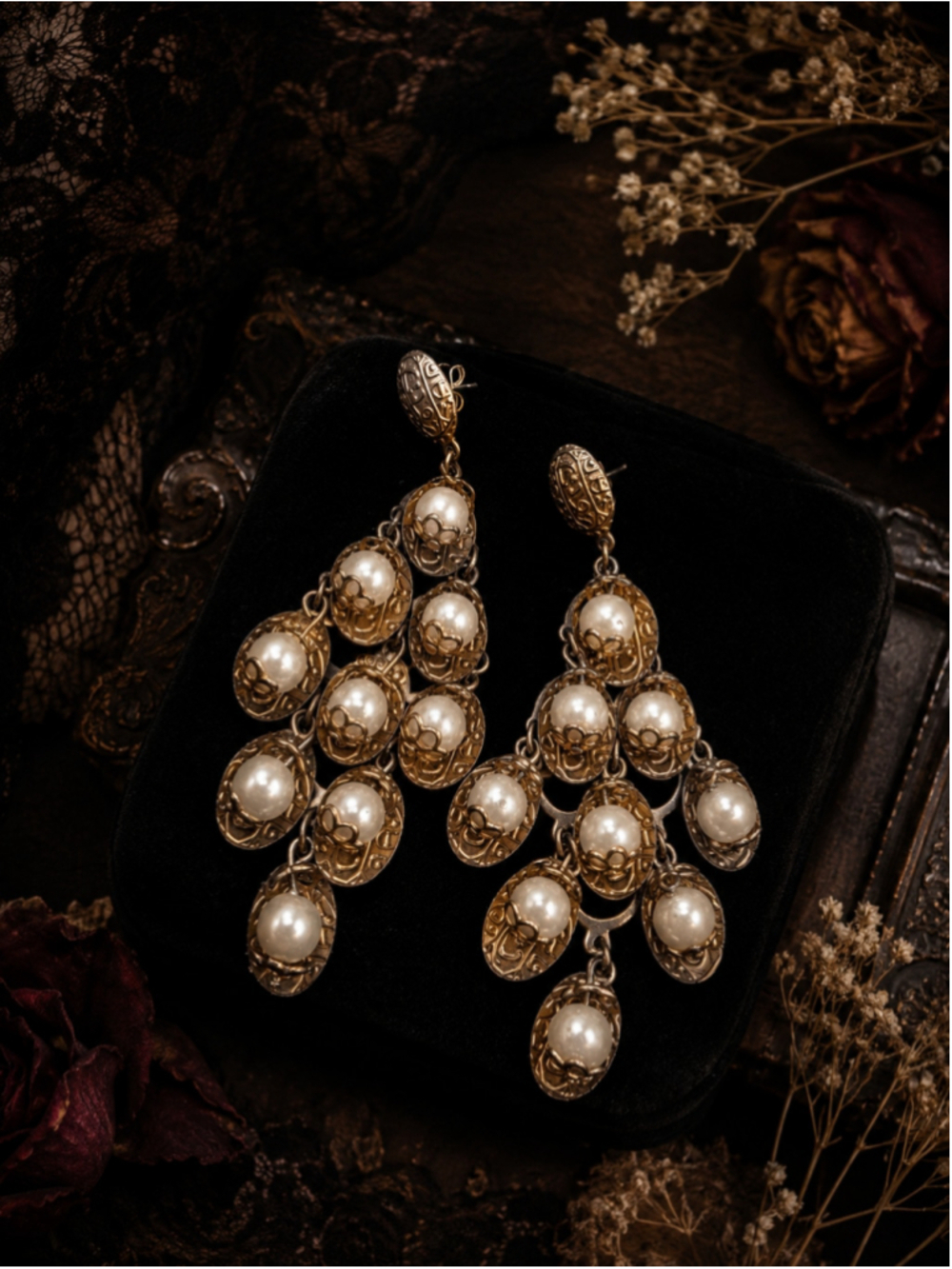 Vintage Gold Tone Filigree Faux Pearl Chandelier Dangle Earrings
